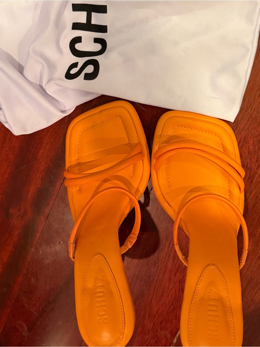 SCHUTZ Orange Strappy Square-Toe Slide Sandals